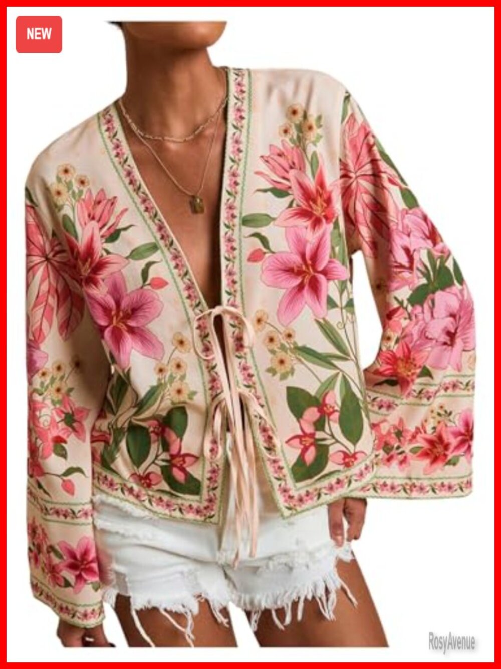 Boho Floral Deep V Neck Tie Front Bell Sleeve Blouse